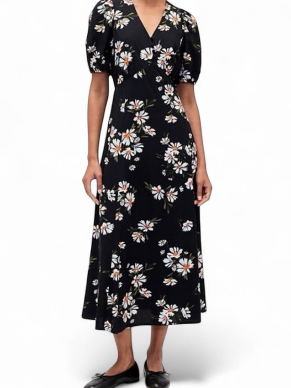 NWT GAP Puff Sleeve Midi Dress Black White Daisy Floral V-Neck Size L
